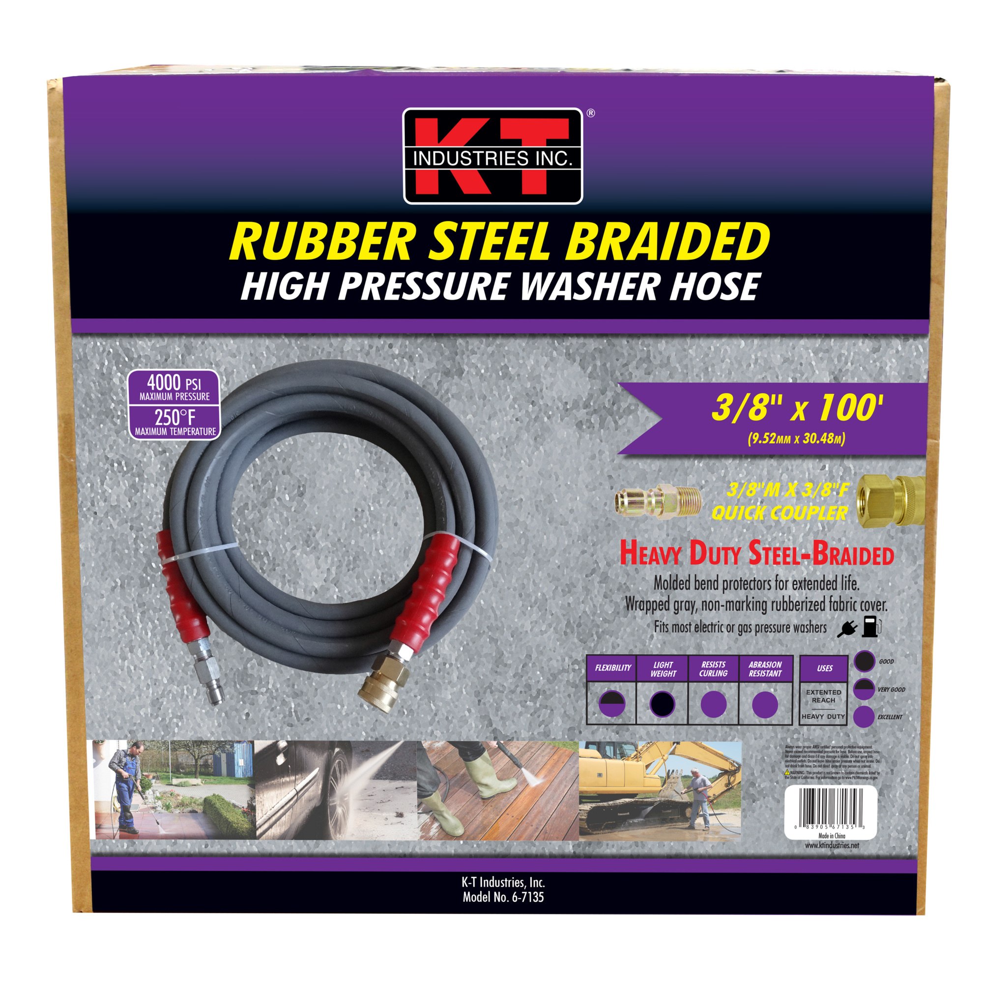 K-T Industries High Pressure Washer Hose — 3/8in. x 100ft., Quick Coupler, 4000 PSI, Model# 6-7135